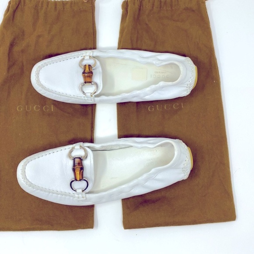Gucci White Leather Bamboo Horsebit Loafers Size 37.5